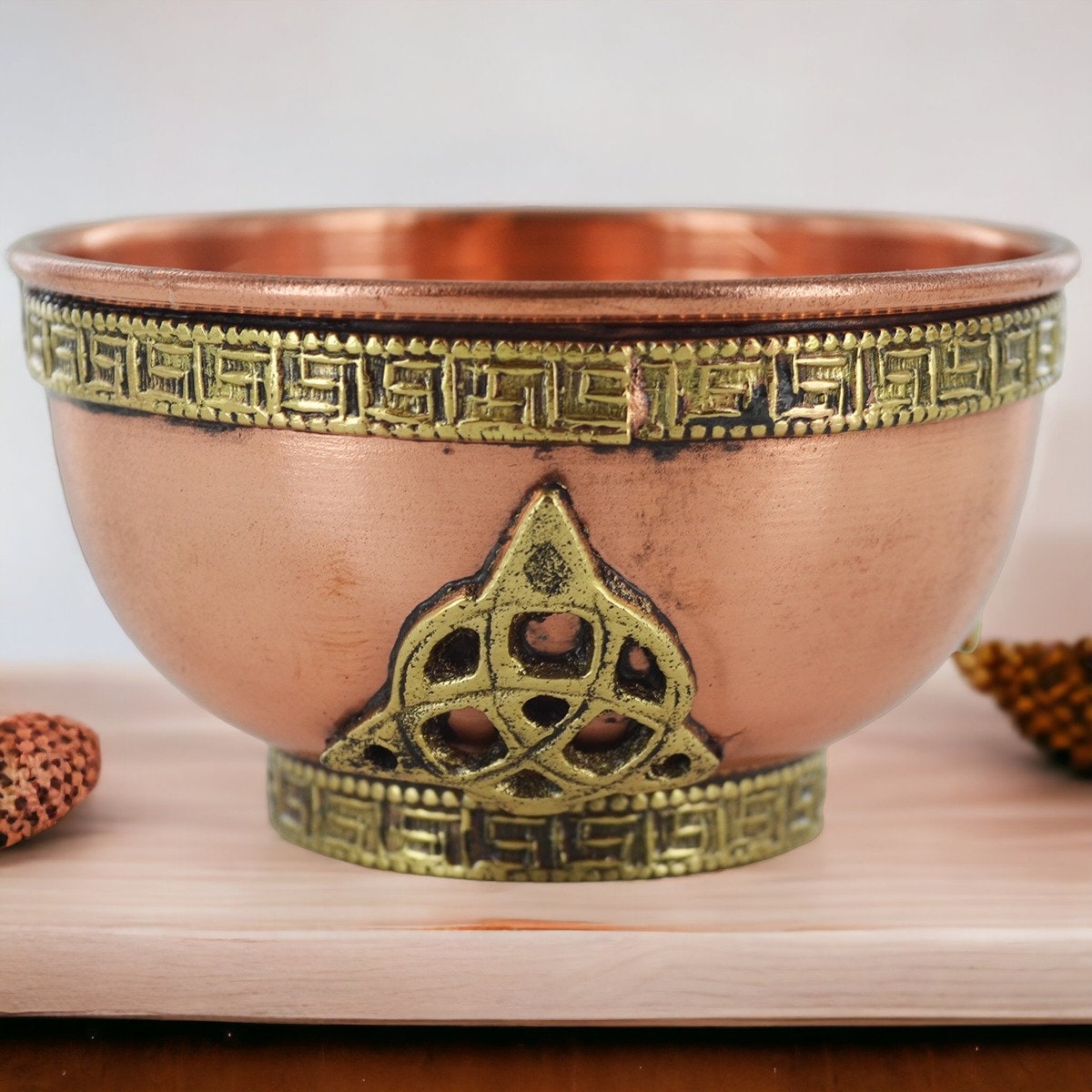 Triquetra-Embellished Copper Bowl - Handcrafted Metal Decorative Bowl, Celtic Symbol Accent, Artisanal Home Decor Piece