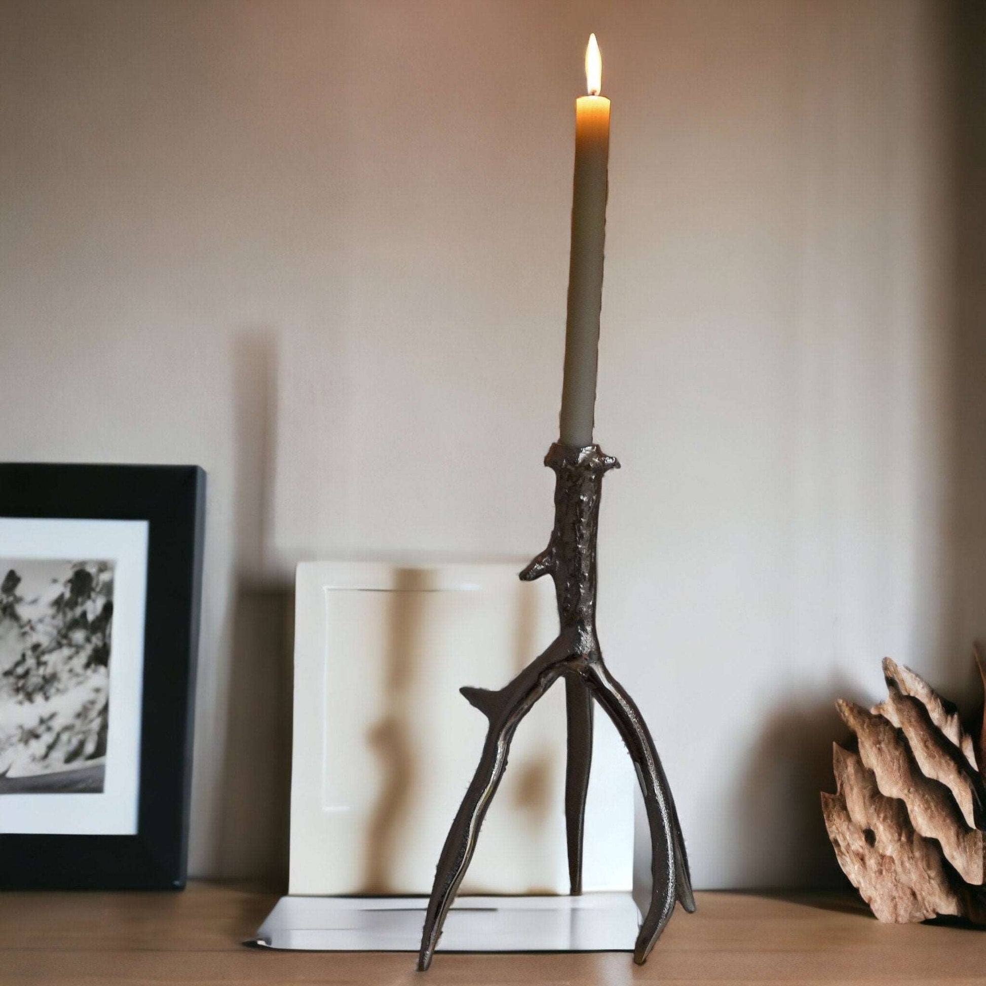 Artisan Silver Antler Candlestick Holder - Metal Sculpted Taper Candle Holder, Elegant Rustic Home Decor, Unique Handmade Centerpiece