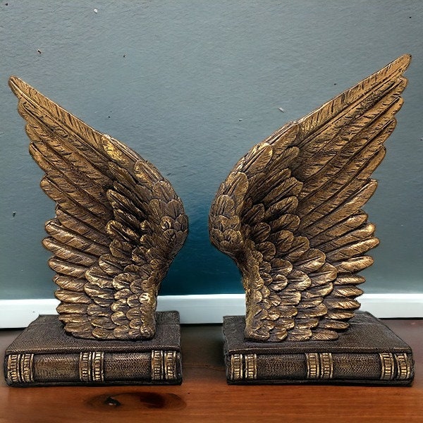 Angel Wings Bookends - Resin Cast Sculptures, Decorative Heavenly Book Holders, Antique-Style Library Accent, Inspirational Home Decor-Osiris Craftworks