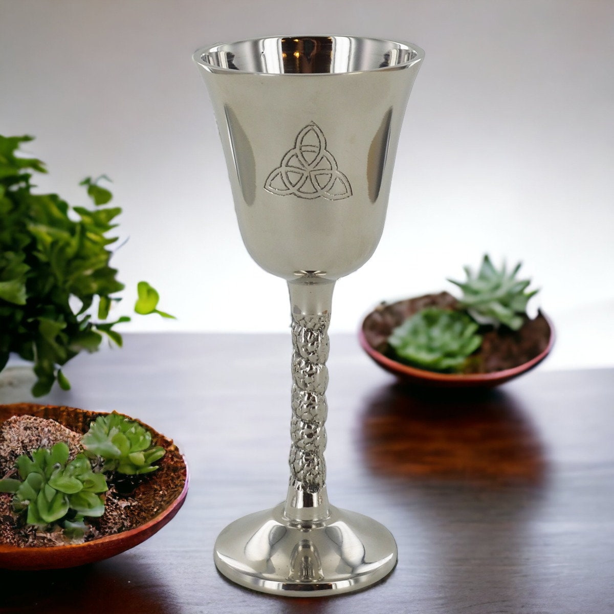 Triquetra Celtic Symbol Silver Metal Goblet - Elegant Chalice , Ceremonial Drinking Vessel, Mystical Decor Piece