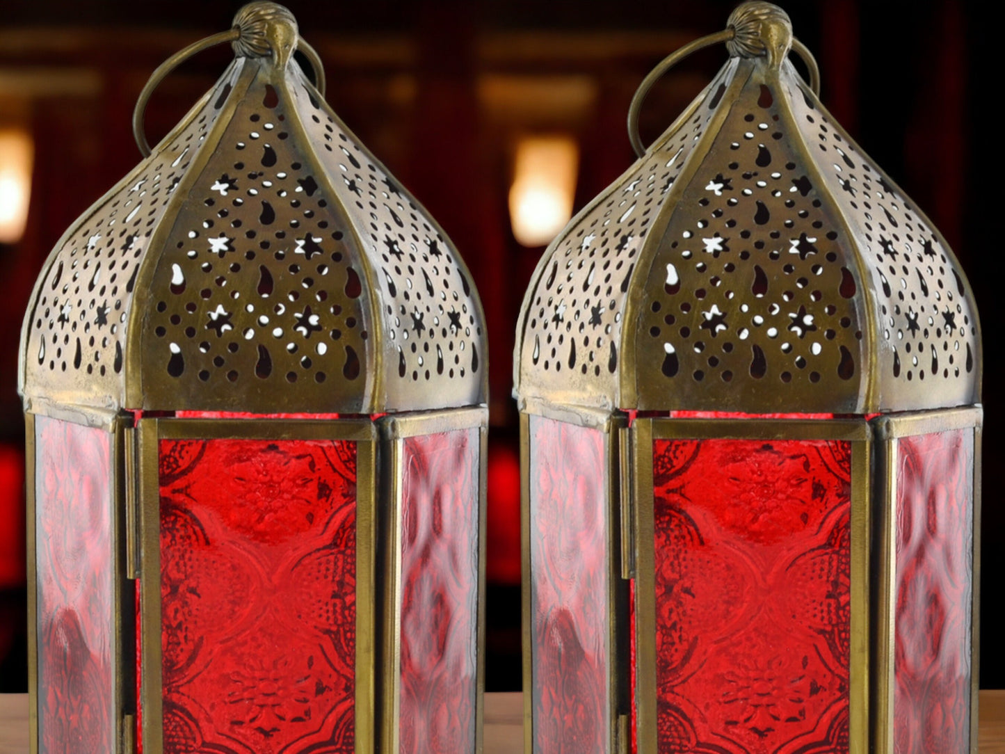 Pair of Red Glass Moroccan Style Lanterns Iron Antique Tea Light Candle Holders