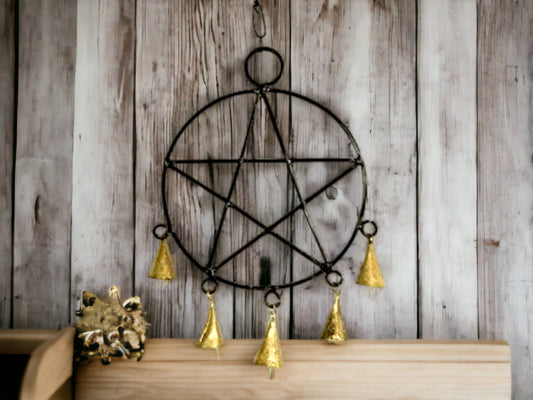 Mystical Pentagram Wind Chime with Bells, Handcrafted Metal Wind Chime, Esoteric Outdoor Decor, Spiritual Garden Sound Sculpture-Osiris Craftworks