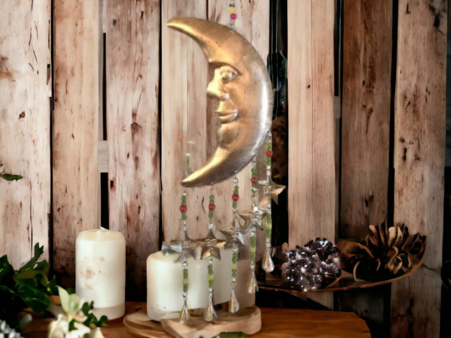 Celestial Moon and Stars Wind Chime Handcrafted Metal Chime with Cascading Beads, Mystical Outdoor Decor, Harmonious Garden Accessory-Osiris Craftworks