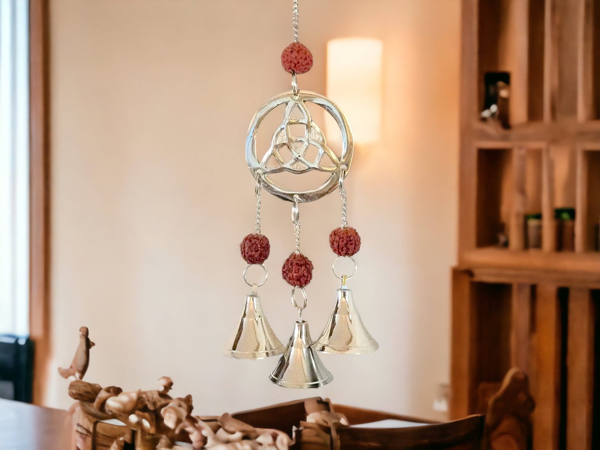 Rustic Wind Chime with Rudraksha Beads - Triquetra Design, Perfect for Wiccan and Pagan Decor - Calming Wind Music-Osiris Craftworks