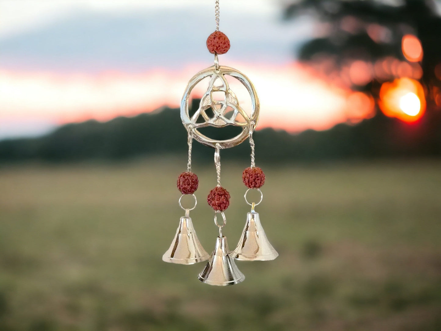 Rustic Wind Chime with Rudraksha Beads - Triquetra Design, Perfect for Wiccan and Pagan Decor - Calming Wind Music-Osiris Craftworks