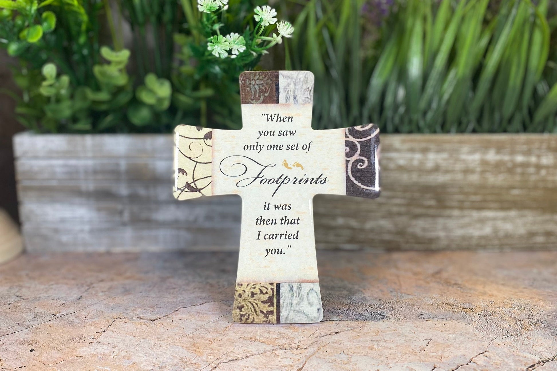 FOOTPRINTS Glazed Porcelain Cross | Religious Free Standing Decor | Spiritual Keepsake | Gift of Faith | 14.5x12 cm-Osiris Craftworks