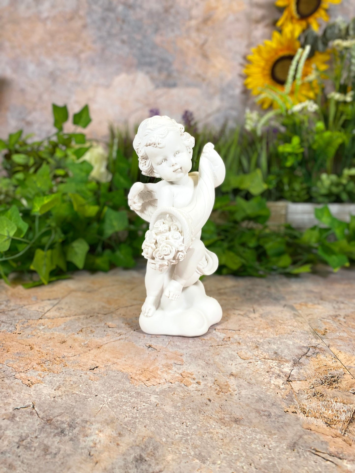 Cherubic Resin Angel Statue with Floral Bouquet | Angelic Figurine for Home Decor | Boxed Gift for Collectors-Osiris Craftworks