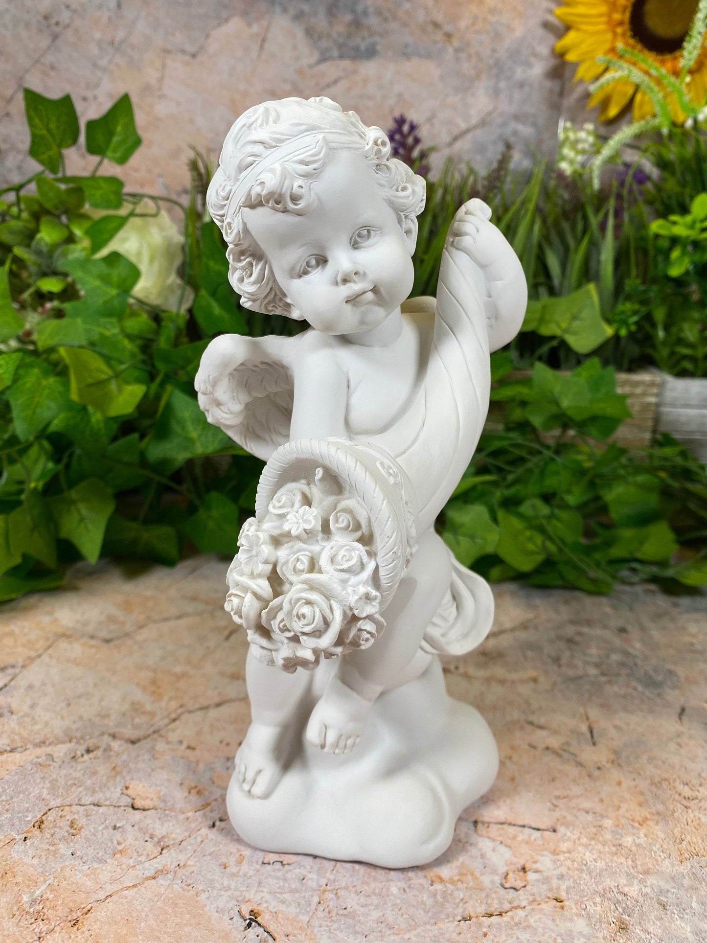 Cherubic Resin Angel Statue with Floral Bouquet | Angelic Figurine for Home Decor | Boxed Gift for Collectors-Osiris Craftworks