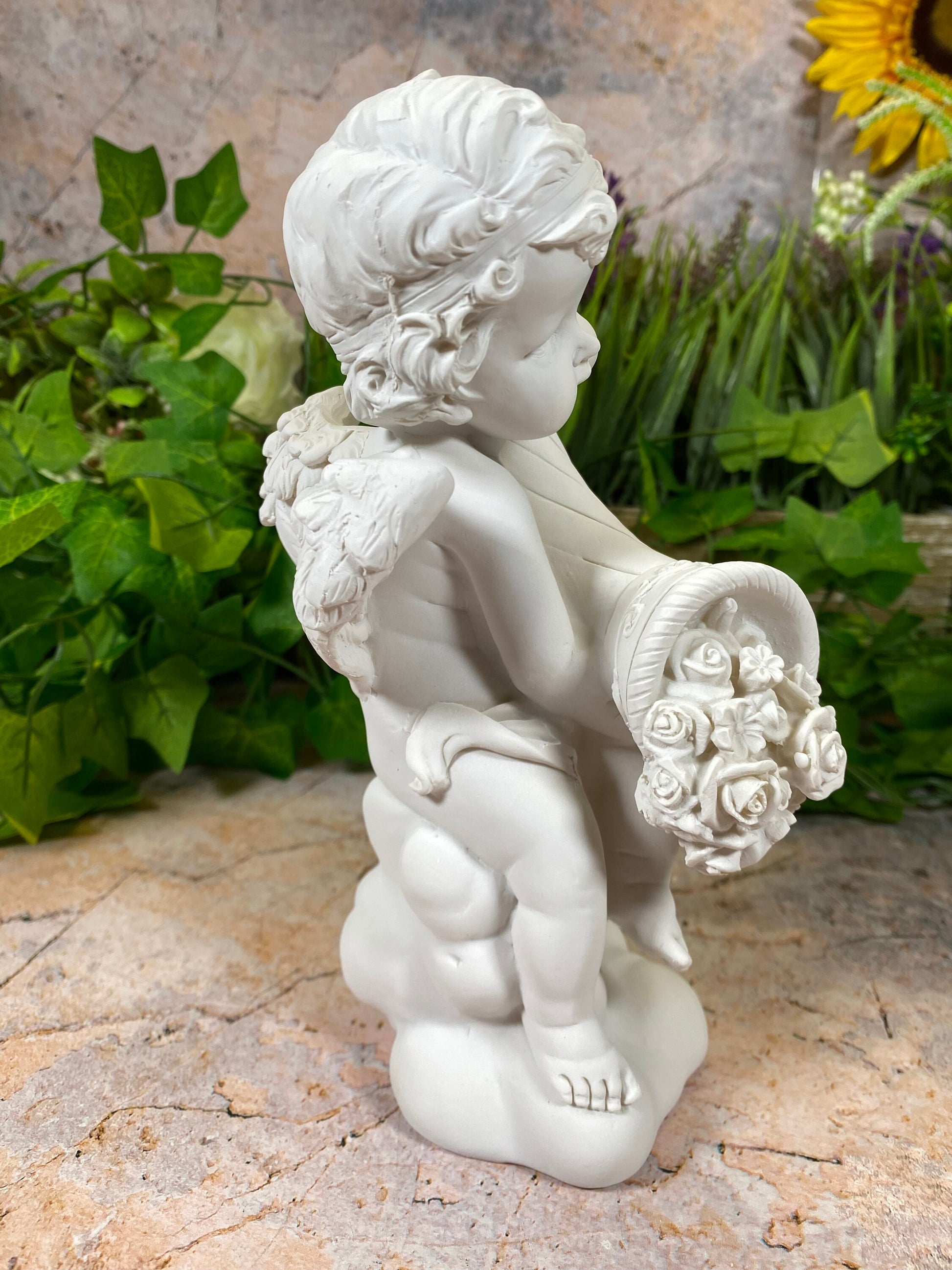 Cherubic Resin Angel Statue with Floral Bouquet | Angelic Figurine for Home Decor | Boxed Gift for Collectors-Osiris Craftworks