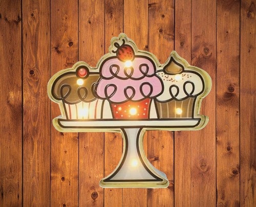 Illuminated Cupcake LED Wall Art, Handcrafted Metal & Plastic Decor, Battery-Operated Kitchen Light, Whimsical Bakery Sign-Osiris Craftworks