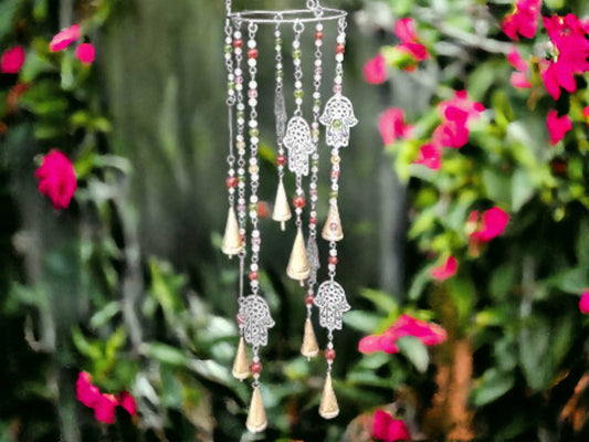 Bohemian Hamsa Fatima Hand Wind Chime, Metal & Plastic Hanging Decor, Spiritual Outdoor Ornament, Protective Amulet Design-Osiris Craftworks