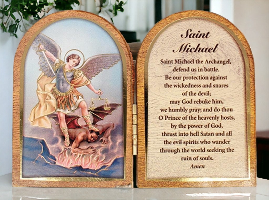 Saint Michael Diptych Wood Plaque with Gold Foil, Spiritual Warfare Prayer Art, Religious Home Blessing Decor, Protector Archangel Icon-Osiris Craftworks