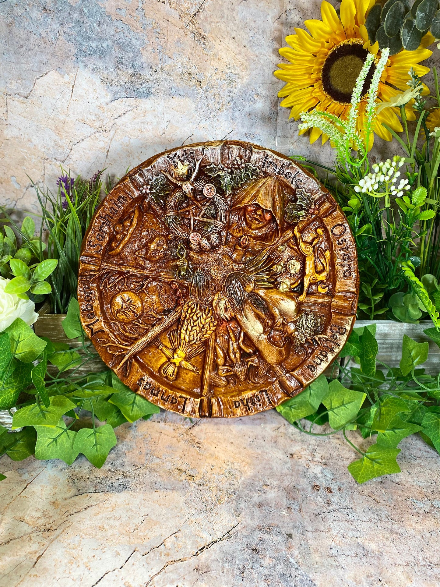 Pagan Wheel of the Year Plaque, Resin Wiccan Sabbat Wall Art, 25 cm Diameter, Detailed Seasonal Festivities Carving, Witchcraft Ritual Decor-Osiris Craftworks