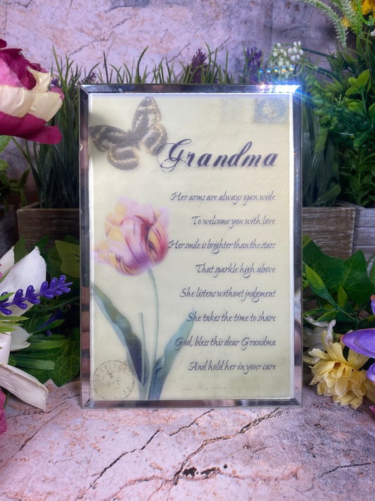 Grandma Poem Glass Plaque, Freestanding Sentimental Verse, Floral Butterfly Design, Memorial Keepsake, Gift for Grandmother - 18x13cm-Osiris Craftworks