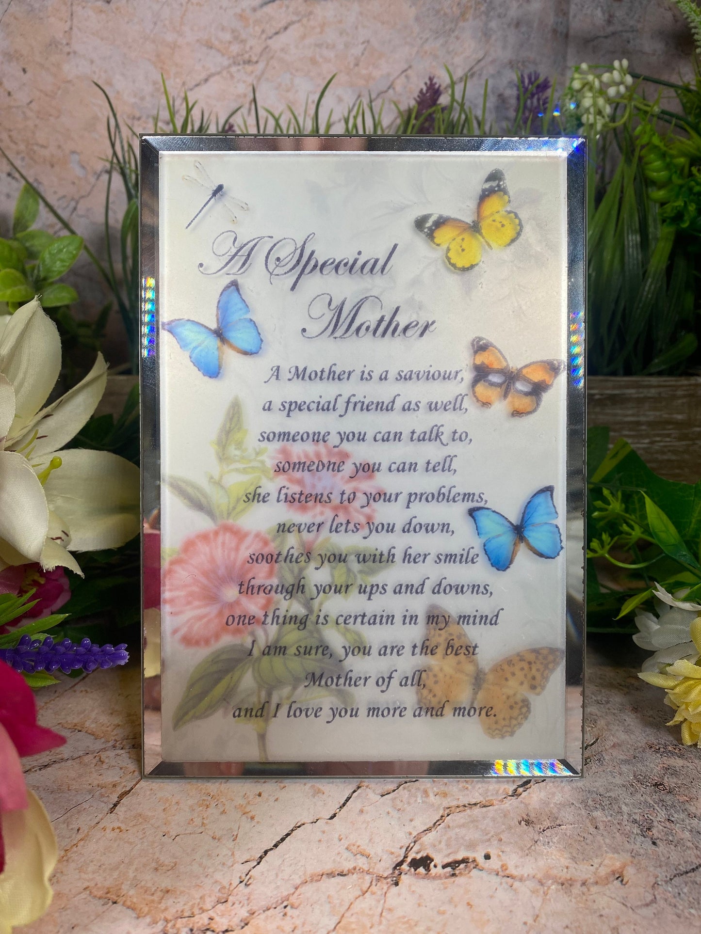 Mother's Love Butterfly Glass Plaque, Sentimental Poem Display, Freestanding Glass Tribute, Heartwarming Gift for Mom, Mother's Day Keepsake-Osiris Craftworks