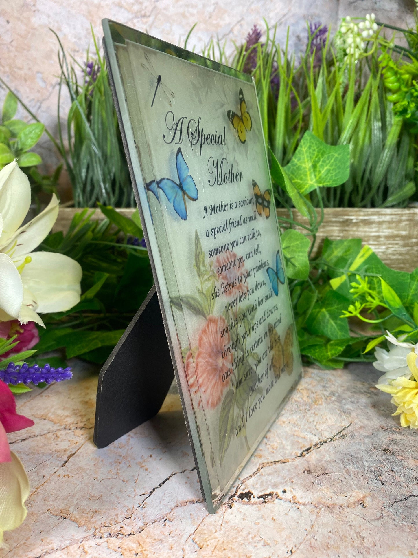 Mother's Love Butterfly Glass Plaque, Sentimental Poem Display, Freestanding Glass Tribute, Heartwarming Gift for Mom, Mother's Day Keepsake-Osiris Craftworks