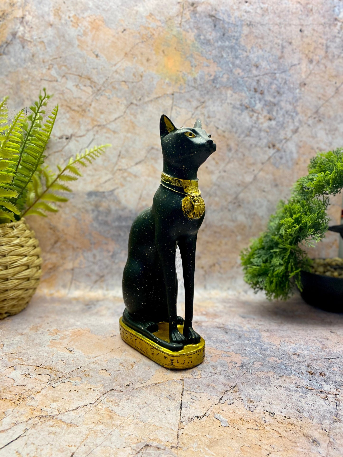 Regal Egyptian Bastet Cat Figurine, Resin Statue with Hieroglyphics, Ancient Egypt Goddess, Protective Home Ornament, Black Gold Bast Decor