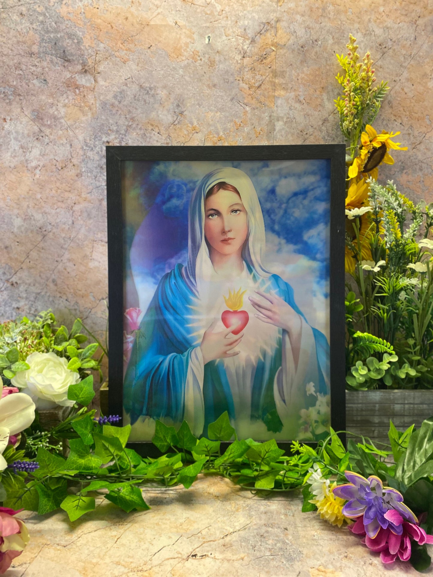 Radiant Virgin Mary 3D Lenticular Framed Poster, Religious Holographic Wall Art, Spiritual Decor, Divine Mother & Child, Christian Art-Osiris Craftworks