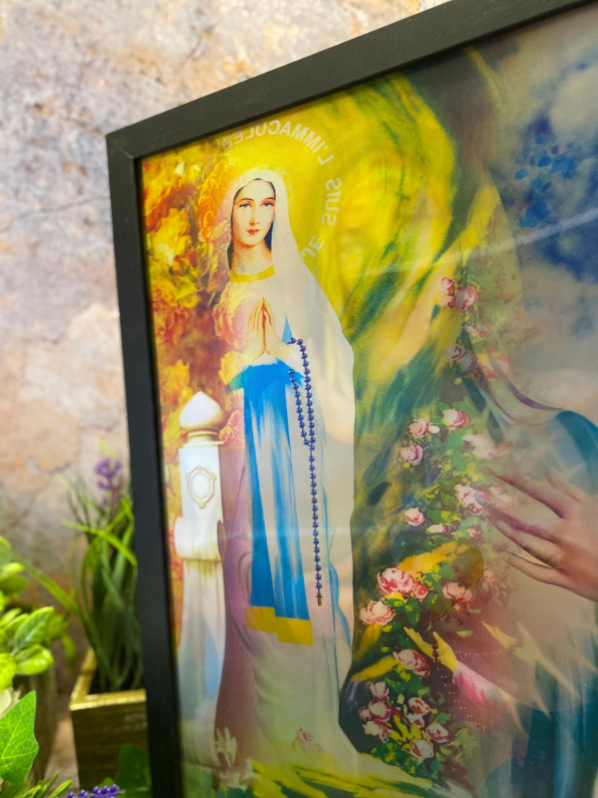 Radiant Virgin Mary 3D Lenticular Framed Poster, Religious Holographic Wall Art, Spiritual Decor, Divine Mother & Child, Christian Art-Osiris Craftworks