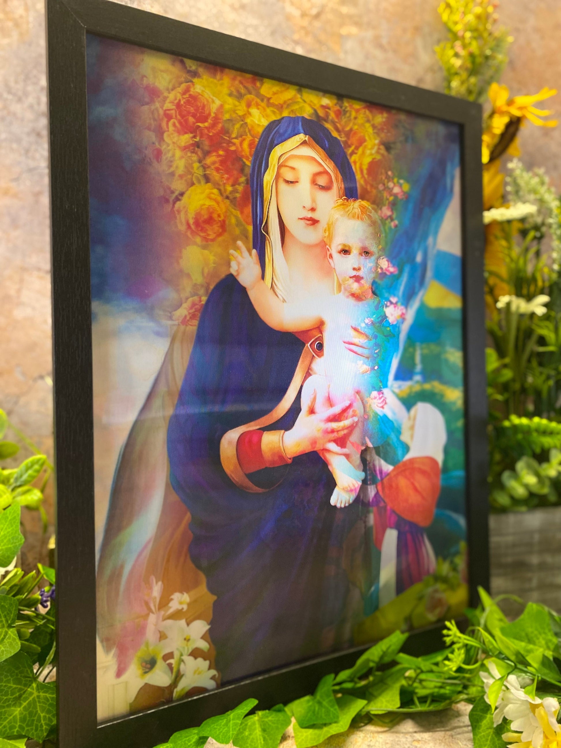 Radiant Virgin Mary 3D Lenticular Framed Poster, Religious Holographic Wall Art, Spiritual Decor, Divine Mother & Child, Christian Art-Osiris Craftworks