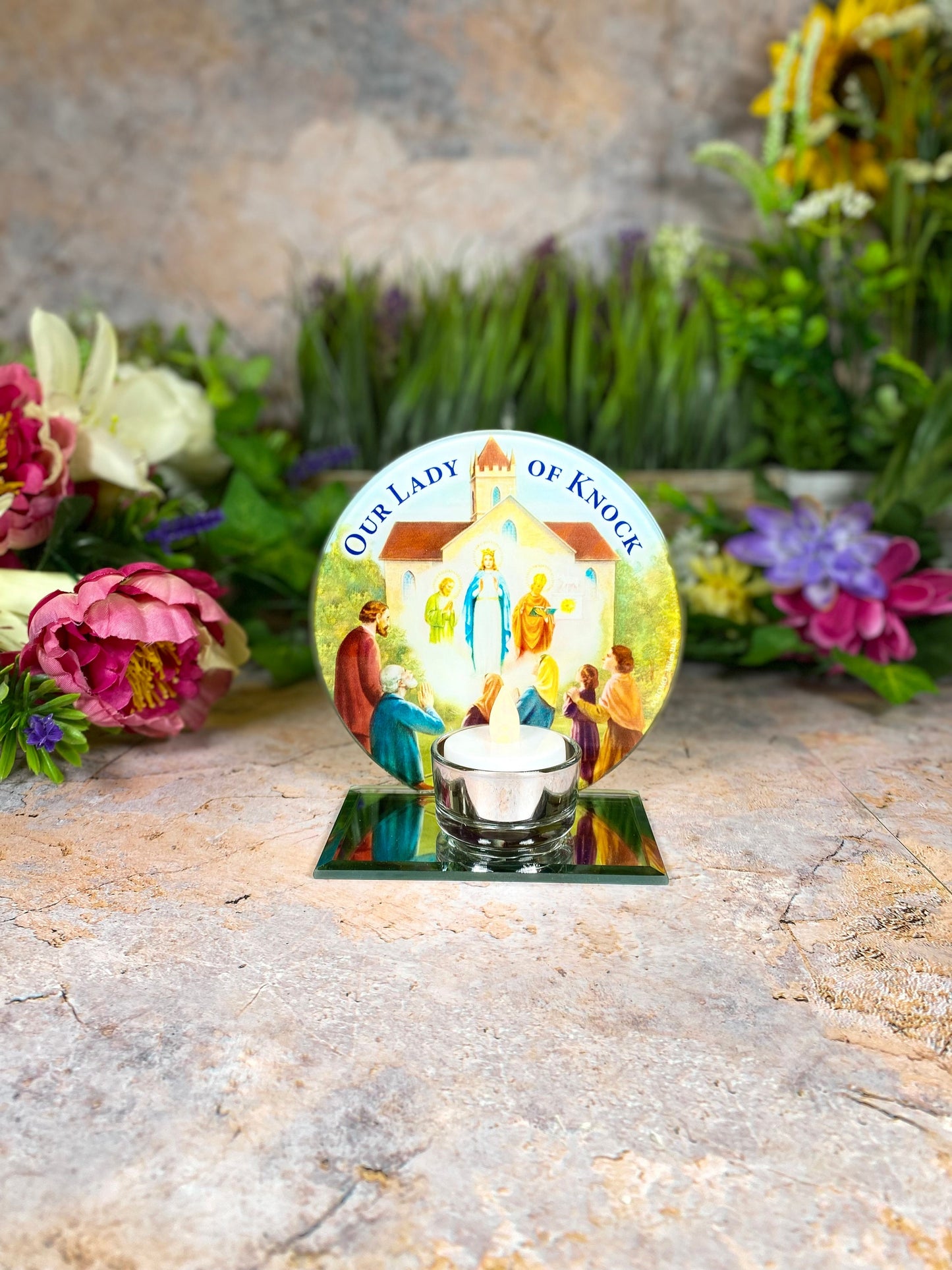 Irish 'Our Lady of Knock' Glass Votive Light Holder, Handmade Marian Devotional Candle, Spiritual Irish Shrine Decor, Religious Table Accent