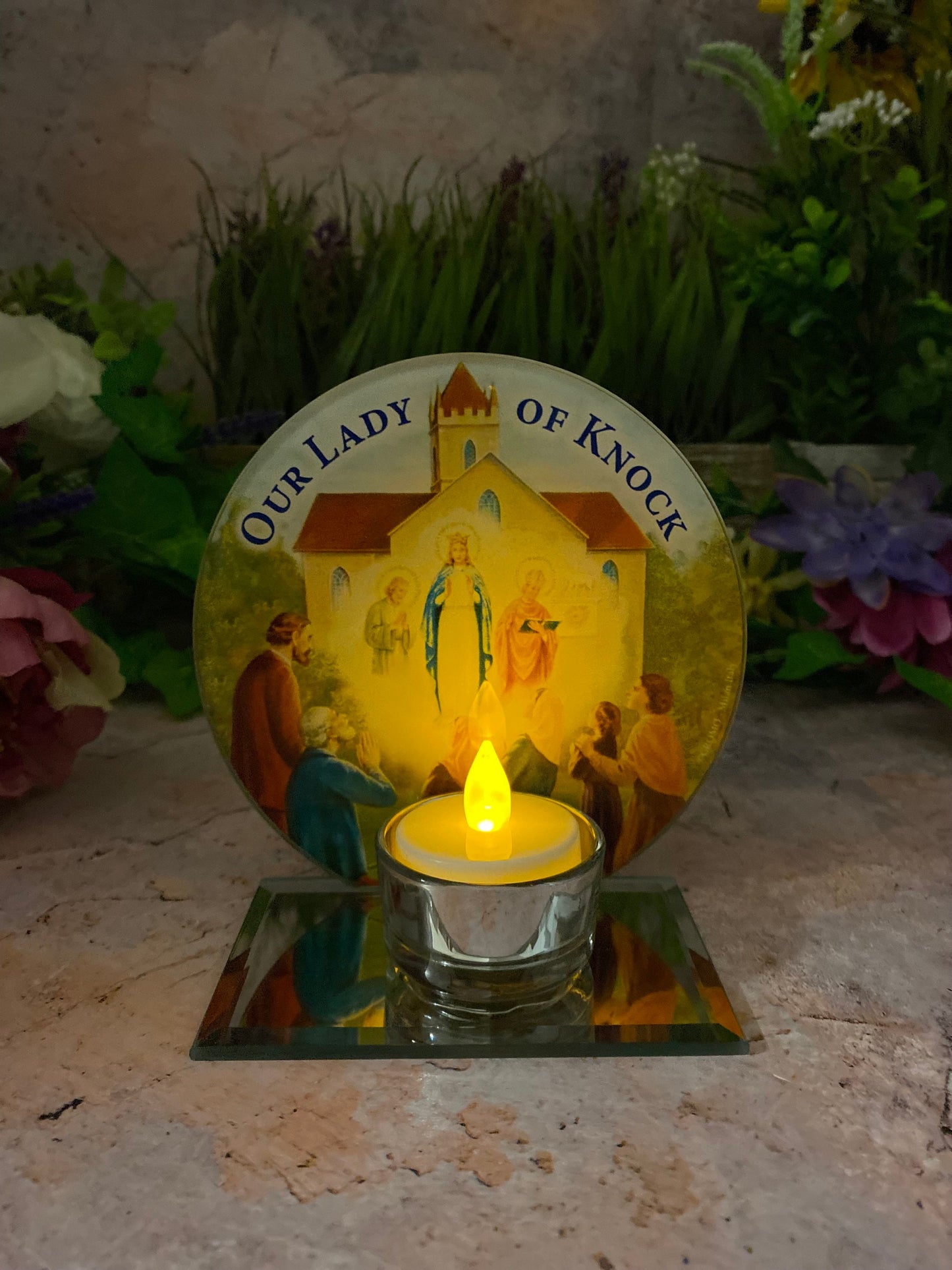 Irish 'Our Lady of Knock' Glass Votive Light Holder, Handmade Marian Devotional Candle, Spiritual Irish Shrine Decor, Religious Table Accent