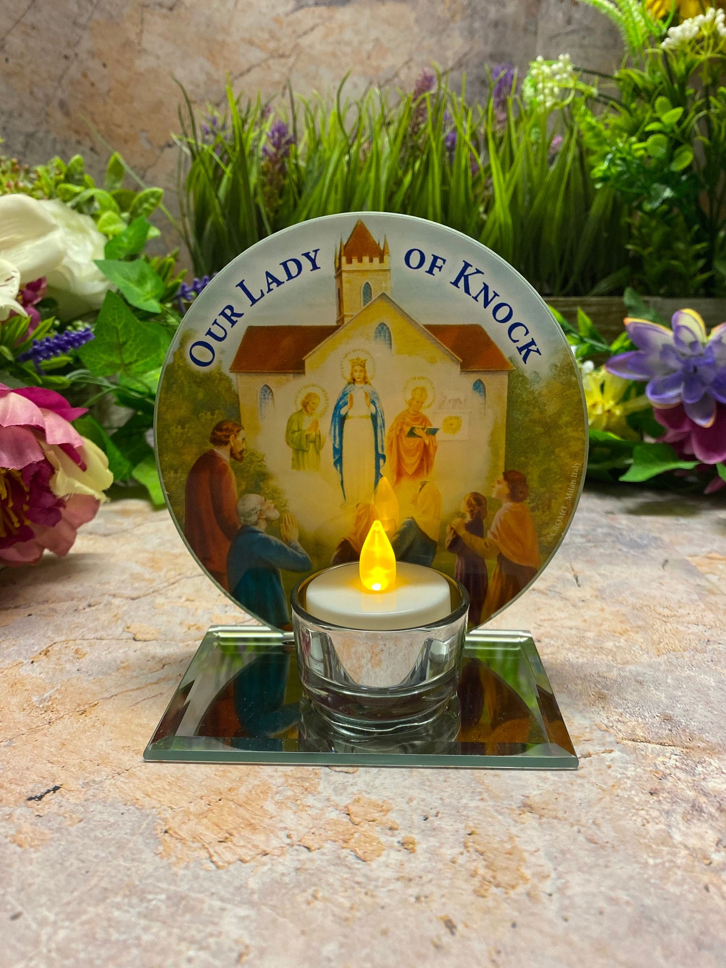 Irish 'Our Lady of Knock' Glass Votive Light Holder, Handmade Marian Devotional Candle, Spiritual Irish Shrine Decor, Religious Table Accent