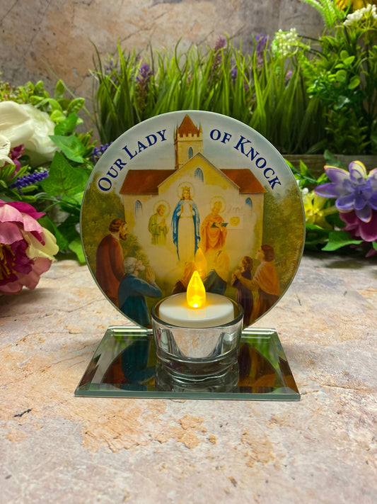 Irish 'Our Lady of Knock' Glass Votive Light Holder, Handmade Marian Devotional Candle, Spiritual Irish Shrine Decor, Religious Table Accent