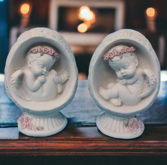 Sleeping Cherub Figurines, Pair of Resin Angel Statuettes, Decorative Angelic Babies with Floral Crowns, Peaceful Nursery Decor-Osiris Craftworks