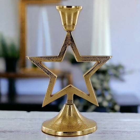 Handcrafted Metallic Star Candle Holder, Elegant Golden Tabletop Decor, 19cm Vintage-Inspired Star-Shaped Taper Candle Stand