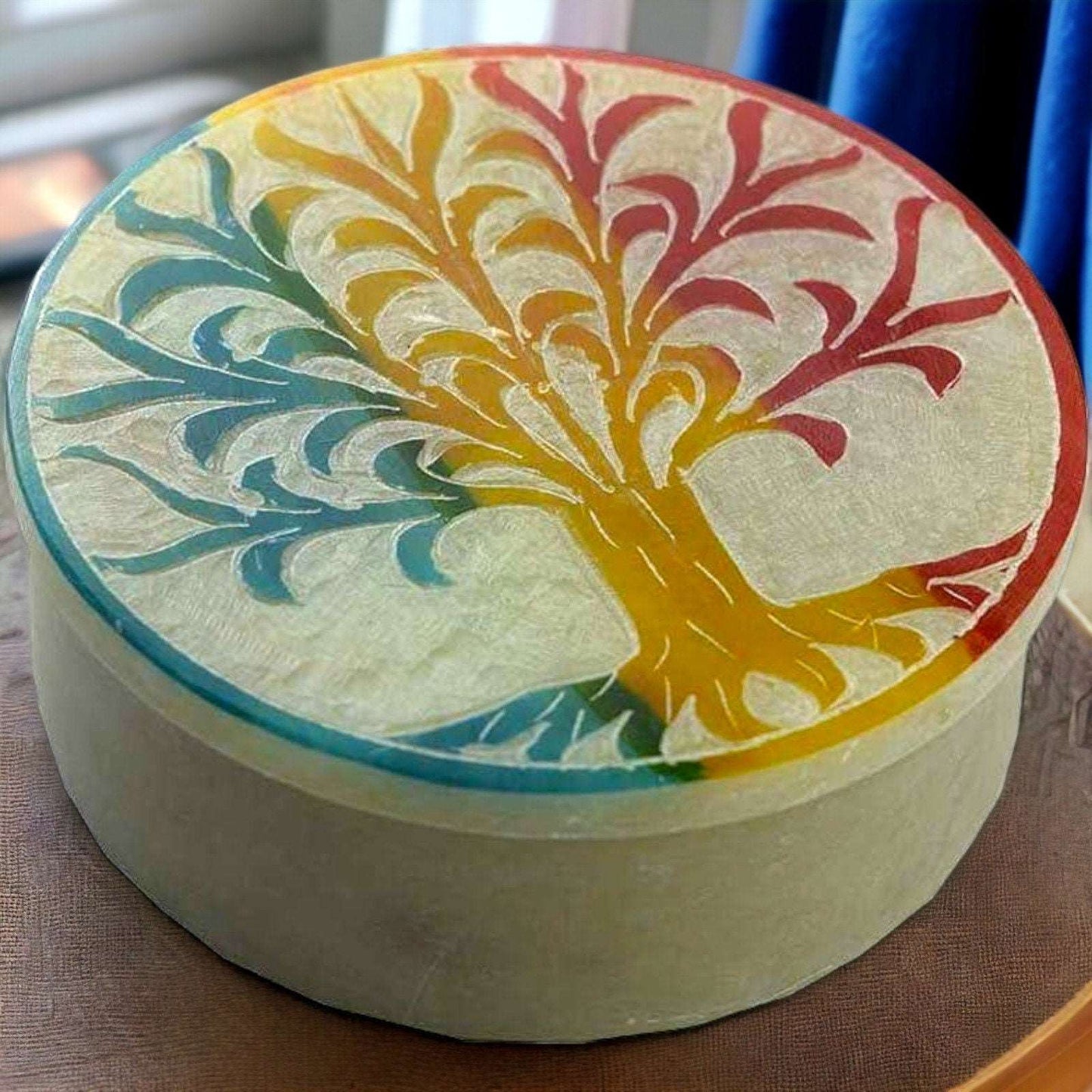 Artisanal Soapstone Carved Box, Handcrafted Tree of Life Design, Multicolor, Small Keepsake and Jewellery Holder-Osiris Craftworks