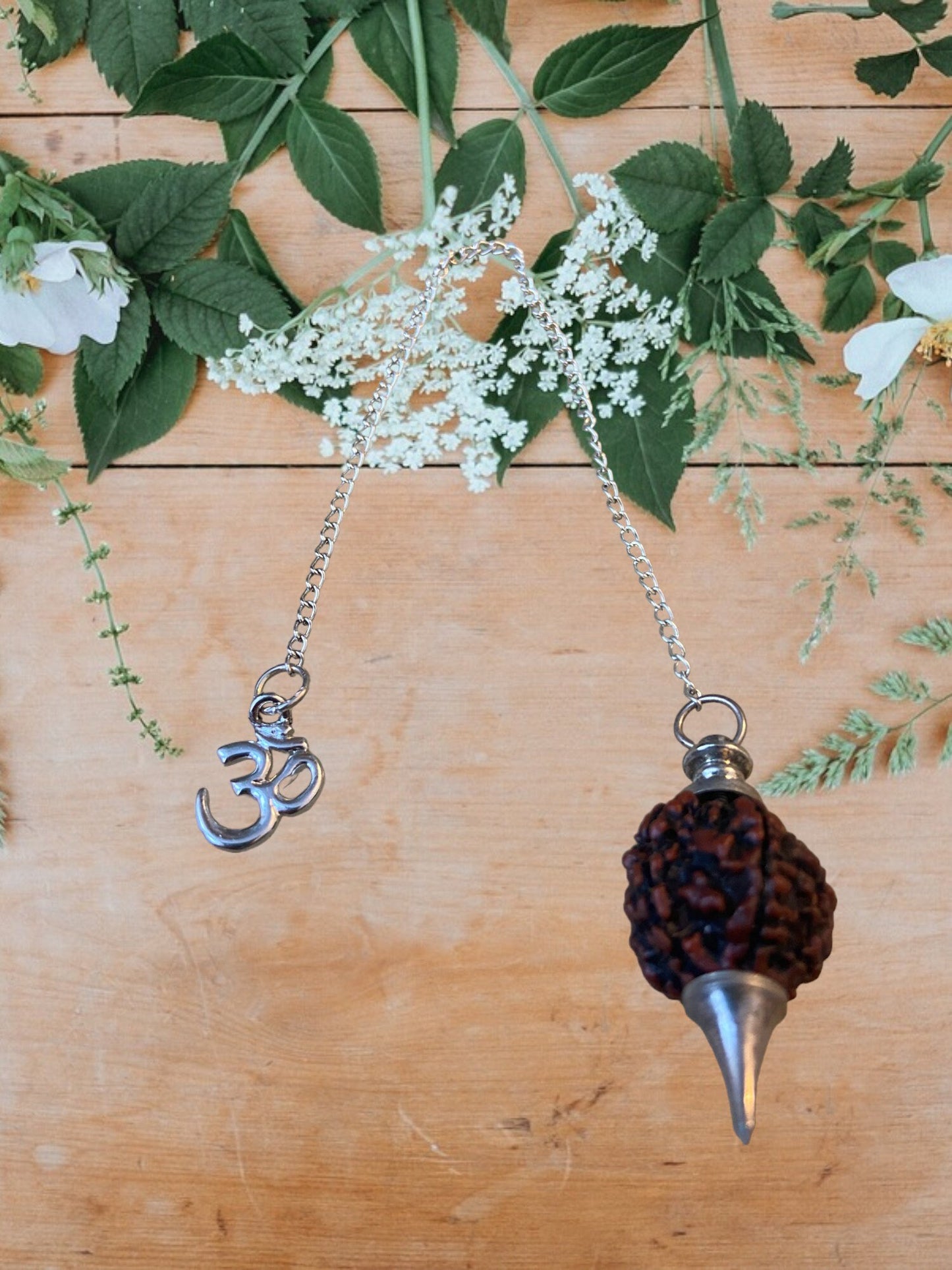 Sacred Rudraksha Pendulum with Om Charm, Spiritual Dowsing Tool, Meditation and Yoga Divination Pendant, Hinduism Inspired Energy Healing