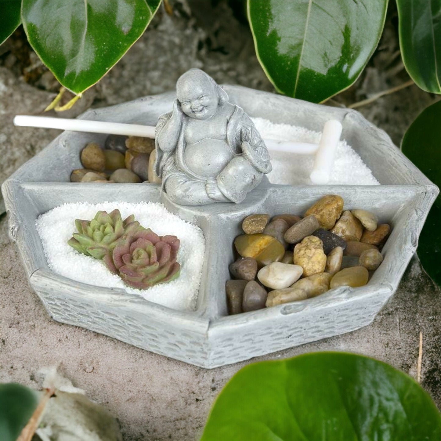 Enchanting Tabletop Zen Garden Kit with Smiling Buddha Statue - Serene Meditation Corner Decor with Rake and Pebbles-Osiris Craftworks