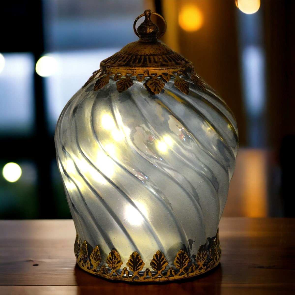 Handcrafted Moroccan Swirl Glass Lantern - LED Illuminated, Decorative Tabletop Accent, Artisan Blue & Gold Lamp, Home Ambiance Lighting