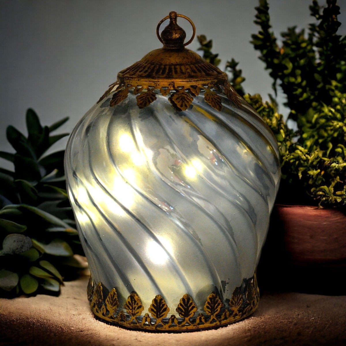 Handcrafted Moroccan Swirl Glass Lantern - LED Illuminated, Decorative Tabletop Accent, Artisan Blue & Gold Lamp, Home Ambiance Lighting