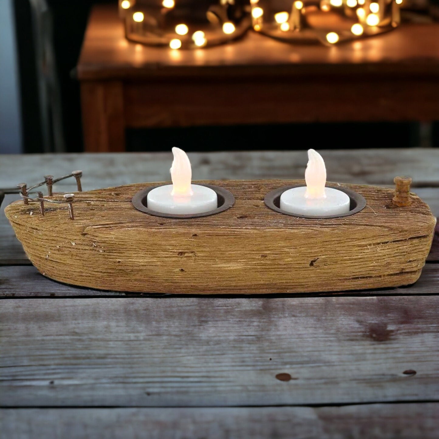 Nautical Driftwood Tealight Holder - Rustic Boat-Shaped Candle Stand, Eco-Friendly Reclaimed Wood Centerpiece, Coastal Home Decor