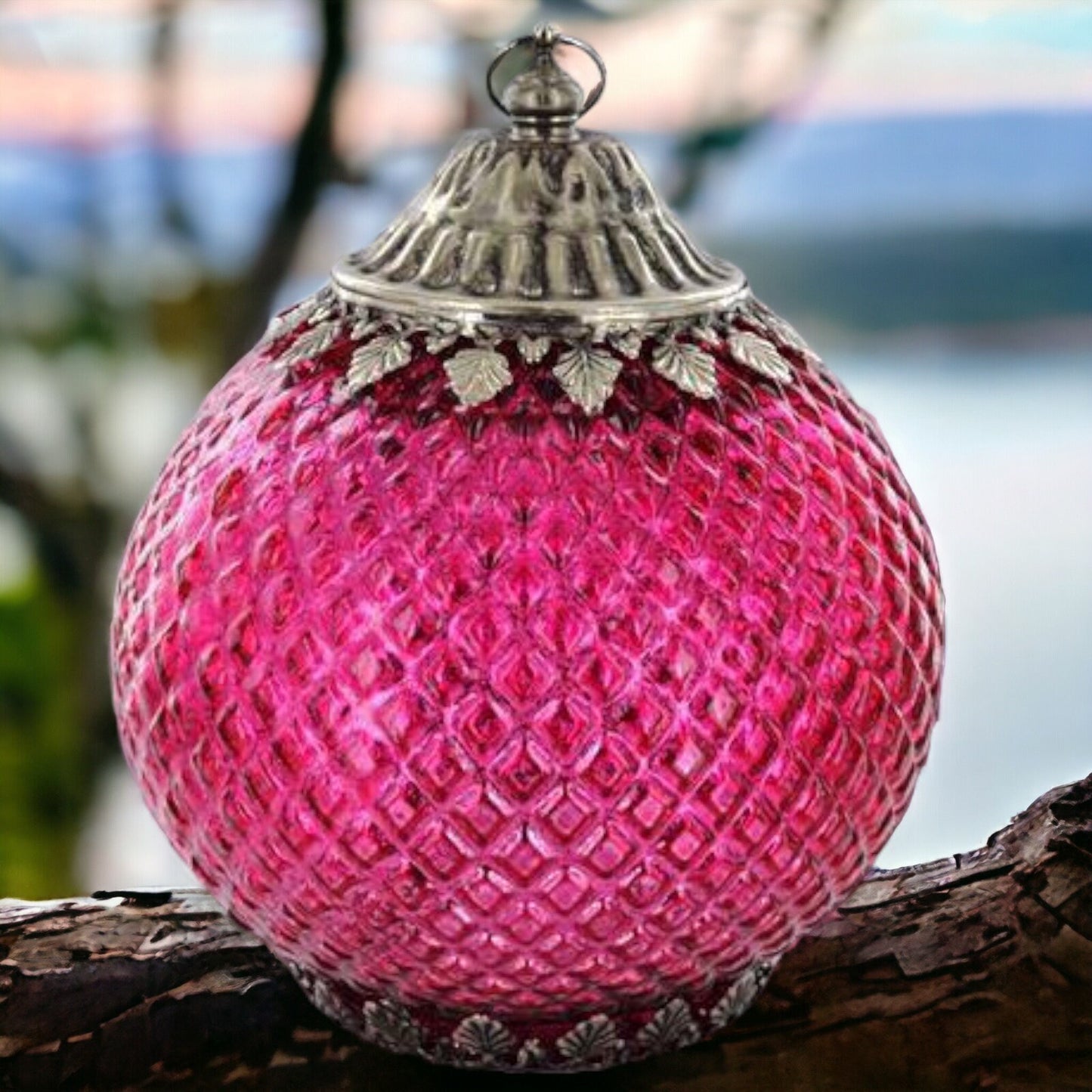 Vibrant Pink Glass Moroccan Lantern - LED String Lights, Portable Handled Decor, Exotic Ambient Lighting, Battery Operated, 18cm Height