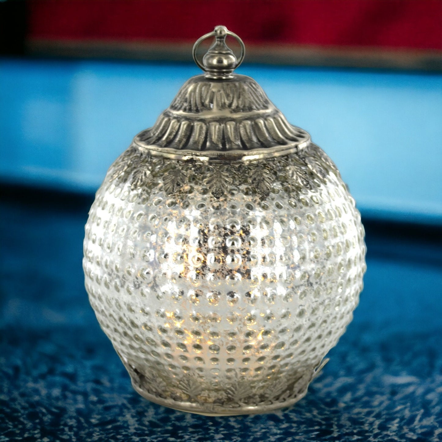 Enchanted Silver Glass Lantern with LED - Handcrafted Elegance, Sparkling Accent Light