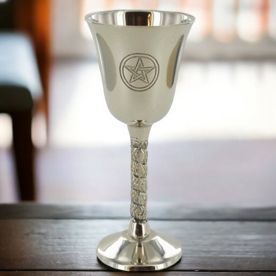 Elegant Pentagram-Embossed Silver Goblet - Metal Ritual Cup with Shiny Finish Occult Collectible, Wiccan Altar Chalice-Osiris Craftworks