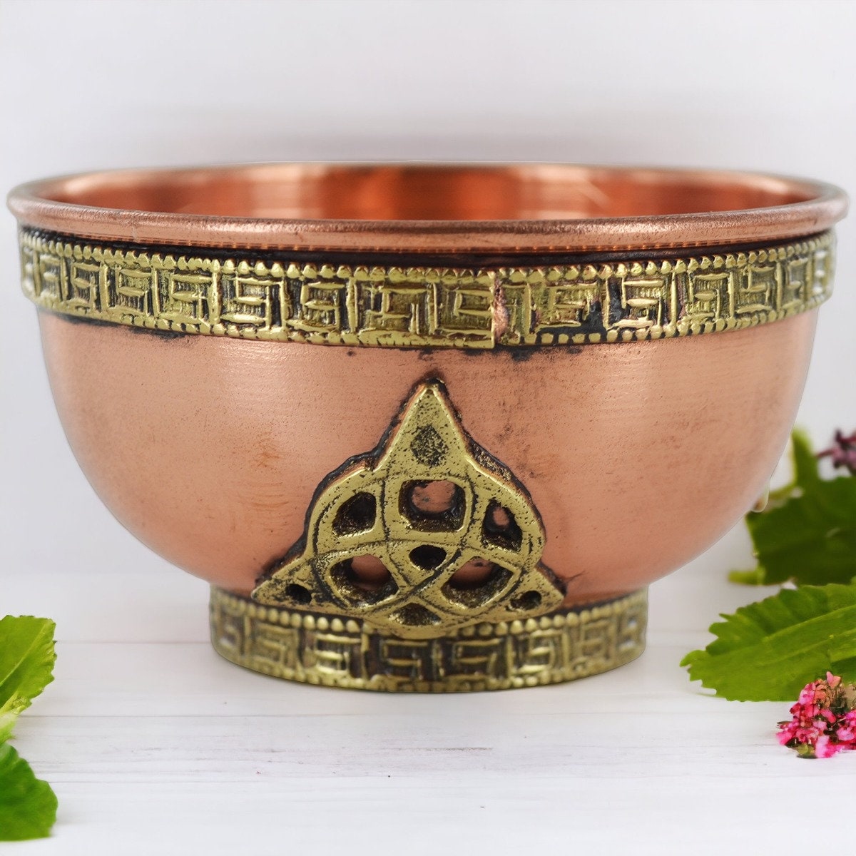 Triquetra-Embellished Copper Bowl - Handcrafted Metal Decorative Bowl, Celtic Symbol Accent, Artisanal Home Decor Piece