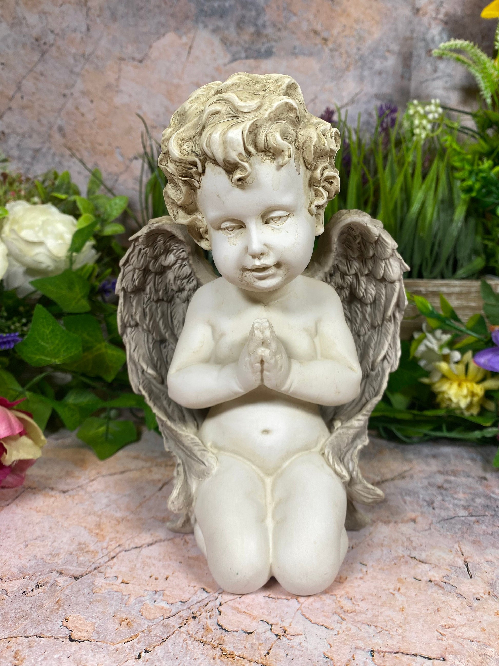 Cherubic Prayer Resin Statue Indoor/Outdoor Angel Figurine, Serene Child Angel Sculpture, Peaceful Garden Decor, Spiritual Art Piece-Osiris Craftworks