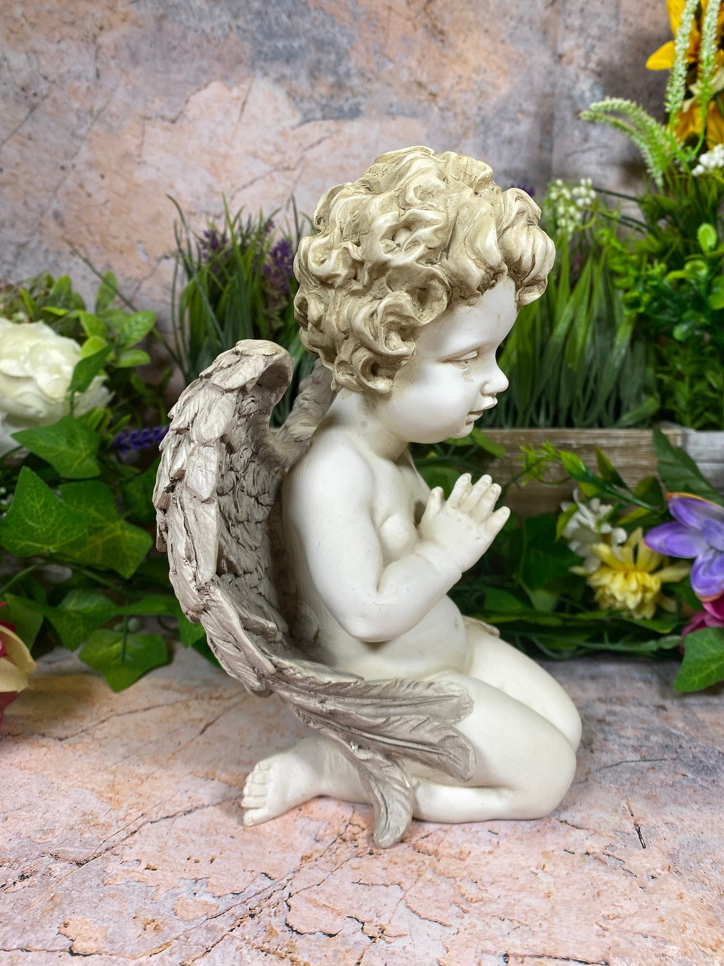 Cherubic Prayer Resin Statue Indoor/Outdoor Angel Figurine, Serene Child Angel Sculpture, Peaceful Garden Decor, Spiritual Art Piece-Osiris Craftworks