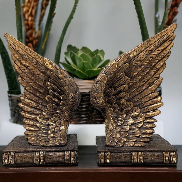 Angel Wings Bookends - Resin Cast Sculptures, Decorative Heavenly Book Holders, Antique-Style Library Accent, Inspirational Home Decor-Osiris Craftworks