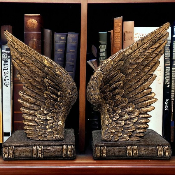 Angel Wings Bookends - Resin Cast Sculptures, Decorative Heavenly Book Holders, Antique-Style Library Accent, Inspirational Home Decor-Osiris Craftworks