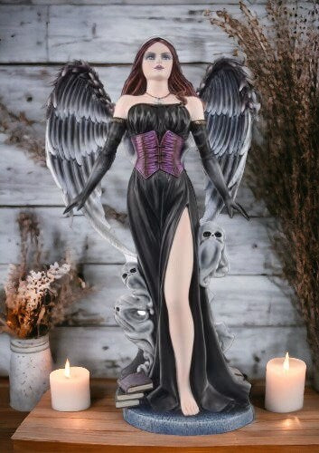 Gothic Guardian Angel Statue, Resin Figure with Dramatic Black Wings, Mystical Gothic Decor, Elegantly Dark Angel Sculpture-Osiris Craftworks