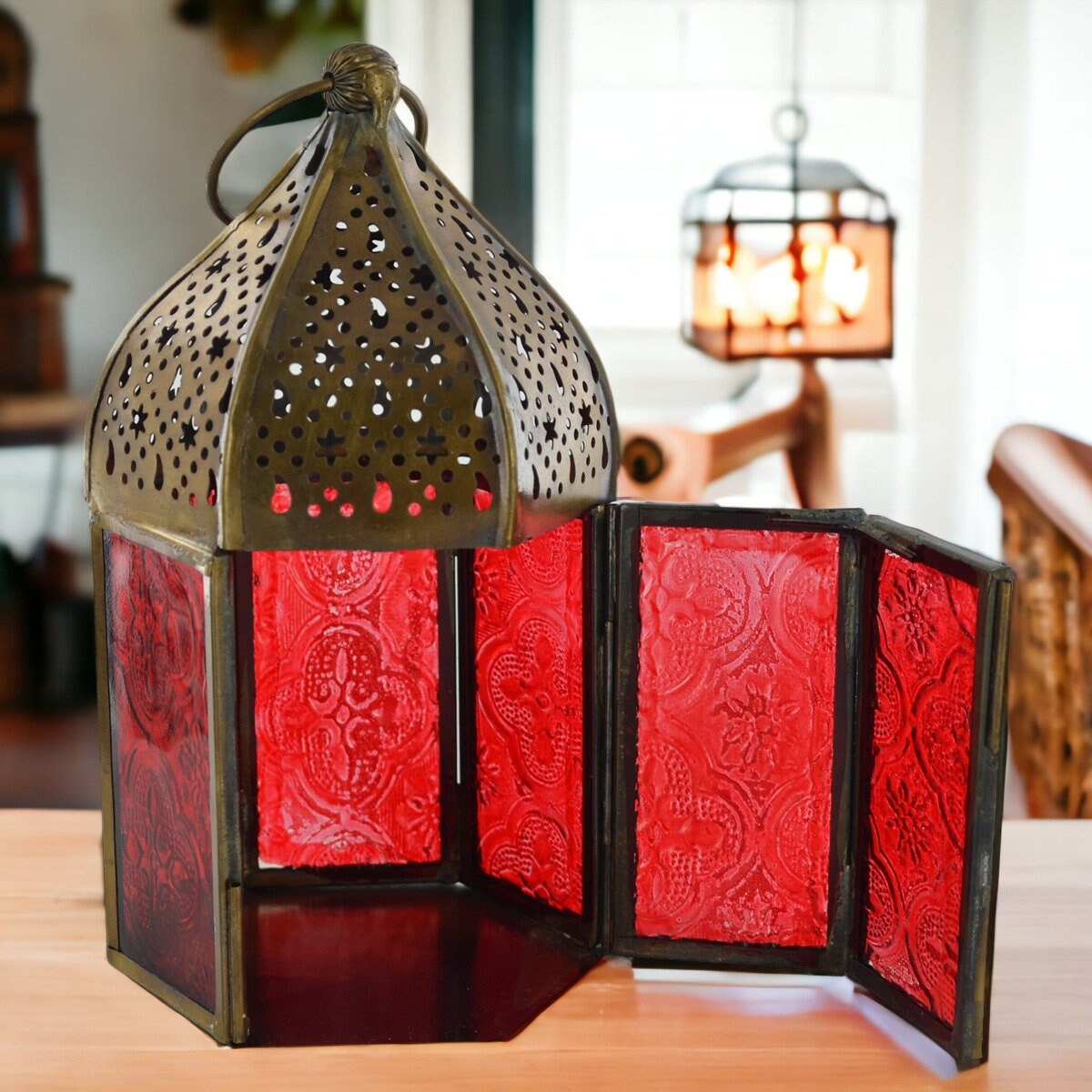 Pair of Red Glass Moroccan Style Lanterns Iron Antique Tea Light Candle Holders