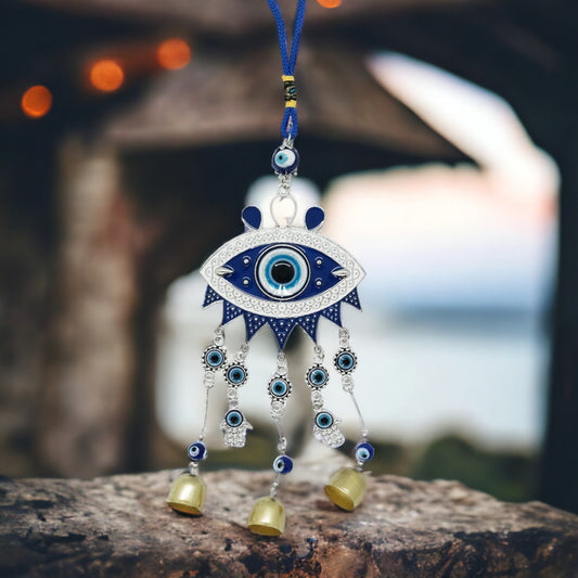 Evil Eye Wind Chime for Protection - Blue Beaded Metal Hanging Decor - 34cm Harmonic Bells - Spiritual Guard and Home Charm-Osiris Craftworks