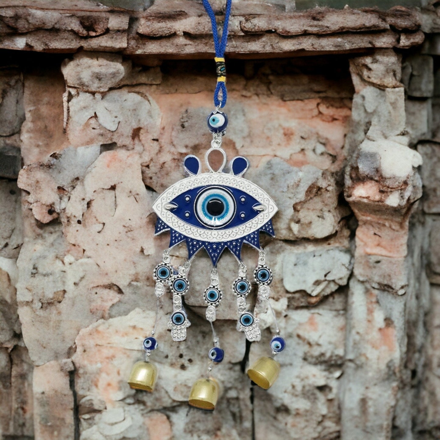 Evil Eye Wind Chime for Protection - Blue Beaded Metal Hanging Decor - 34cm Harmonic Bells - Spiritual Guard and Home Charm-Osiris Craftworks