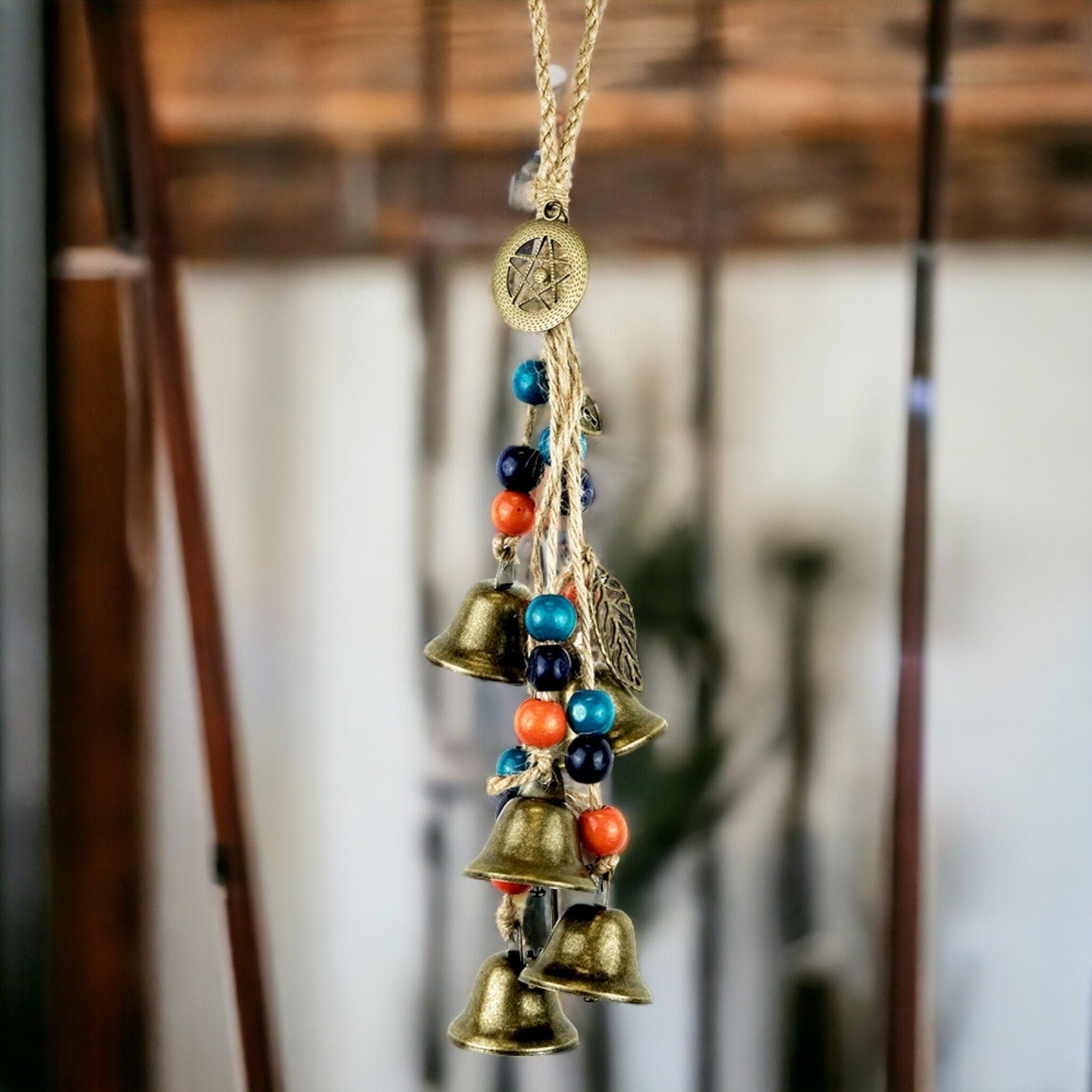 Enchanted Witch Protection Hanging Bells - 32cm Ritualistic Decor - Magical Metal Bells with Beads and Rope - Wiccan Home Protection Amulet-Osiris Craftworks