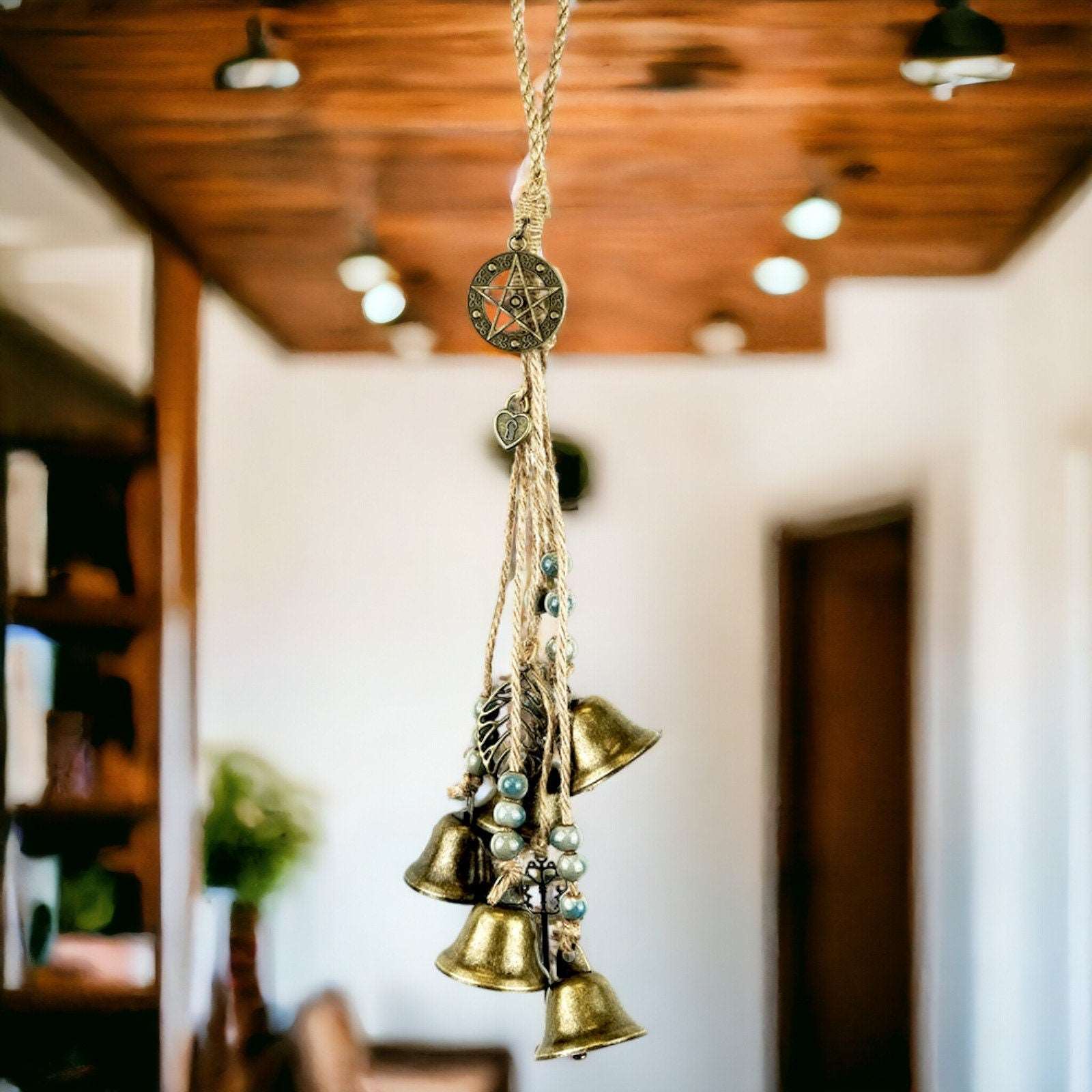 Bohemian Witch Protection Hanging Bells, Enchanted Metal Bells with Beads, Rustic Wiccan Decor, Mystical Home Charm for Harmony and Balance-Osiris Craftworks